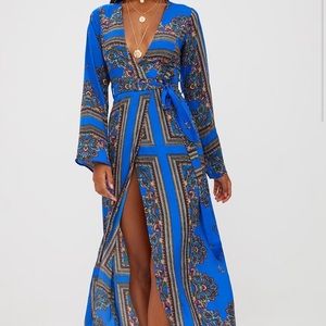 Kimono Maxi Blue Print Satin Dress